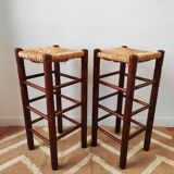 Pair of vintage brutalist stools made of wood and straw, France 1965.