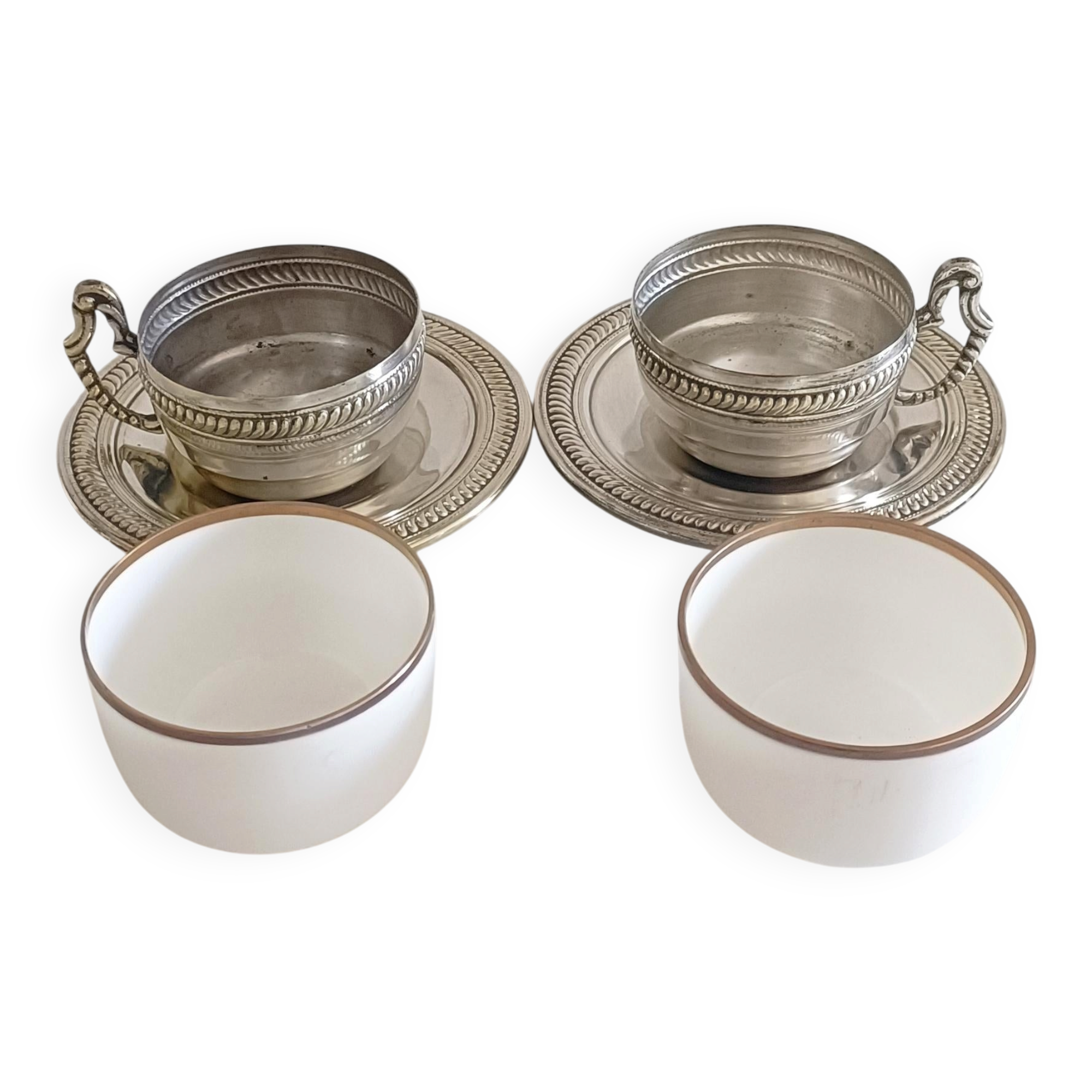 Victorian Alpaca Silver Tea or Coffee Pair of Cups and Plates, England 19th C.