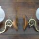 Wall lamps in wood and gilded metal, openwork glass lampshade