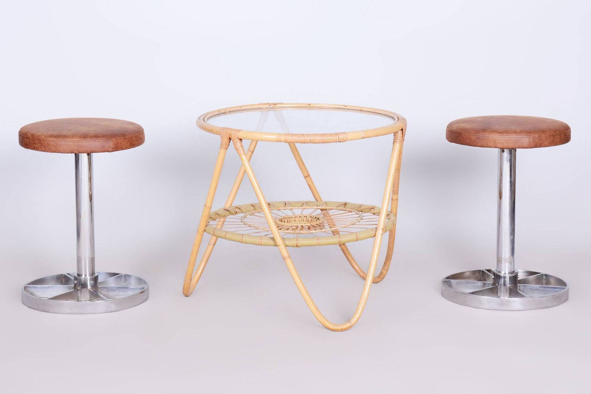 Pair of Bauhaus Chrome-Plated Steel Stools, Brown Leather, Czech, 1930-1939