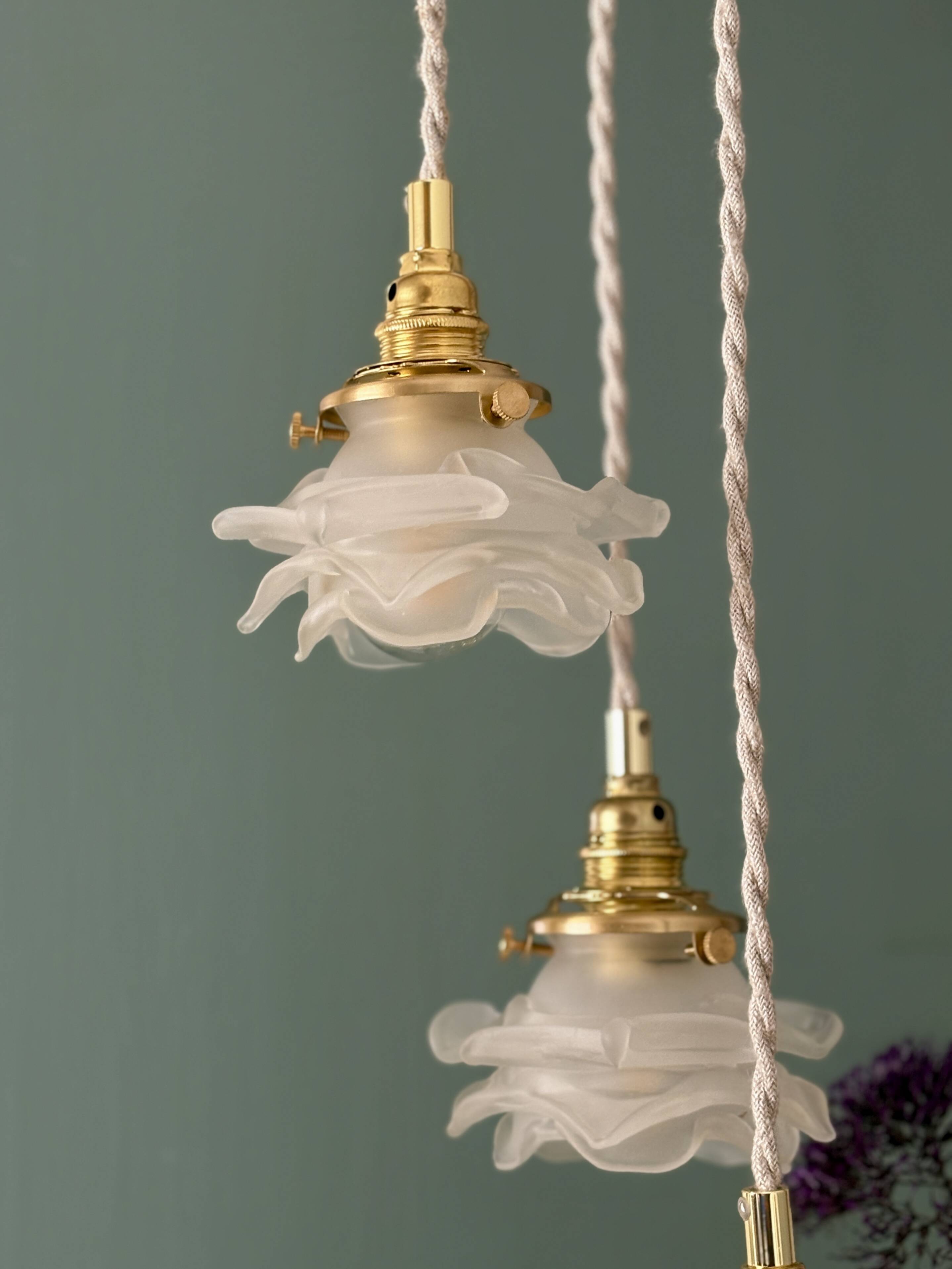 Vintage triple tulip pendant light in frosted glass in the shape of flowers