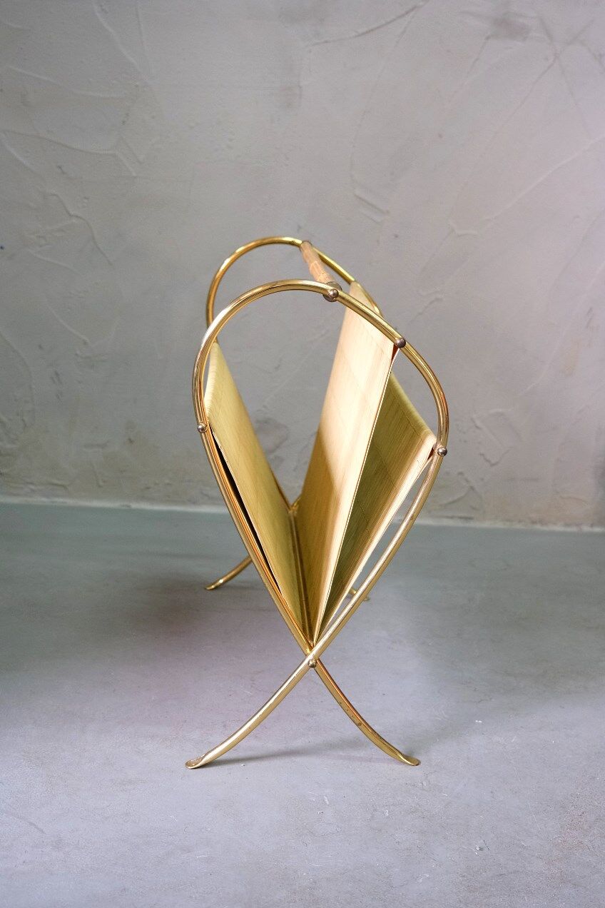 Mid-Century Modern Brass and Bamboo Magazine Rack, Austria 1950s