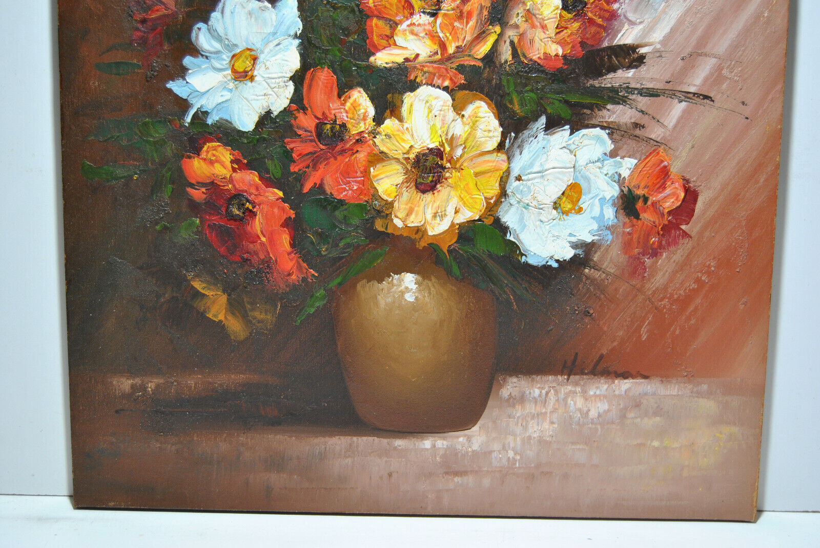 Still life painting with flowery vase bouquet flower signed Hilnan?