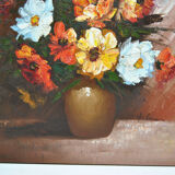 Still life painting with flowery vase bouquet flower signed Hilnan?