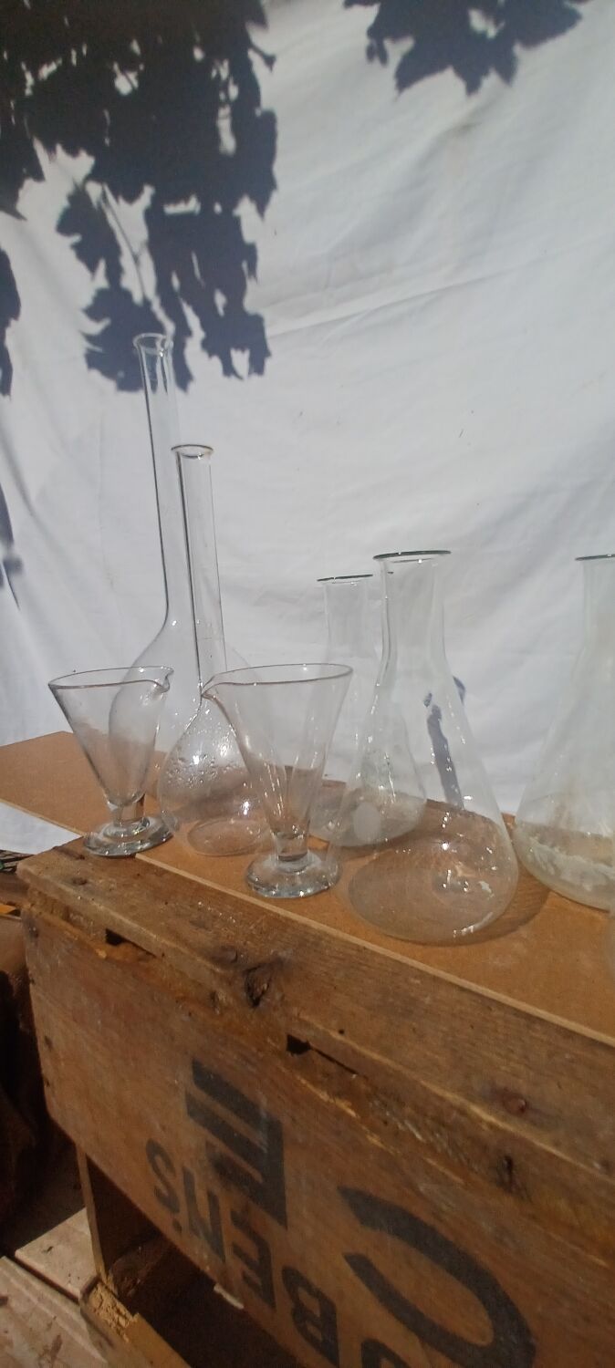 Lot of old soliflore vases chemistry laboratory equipment