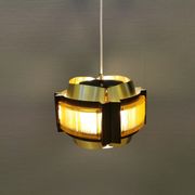 Danish hanging lamp, made in brass colored and brown metal, with yellowish hard pressed plastic deta