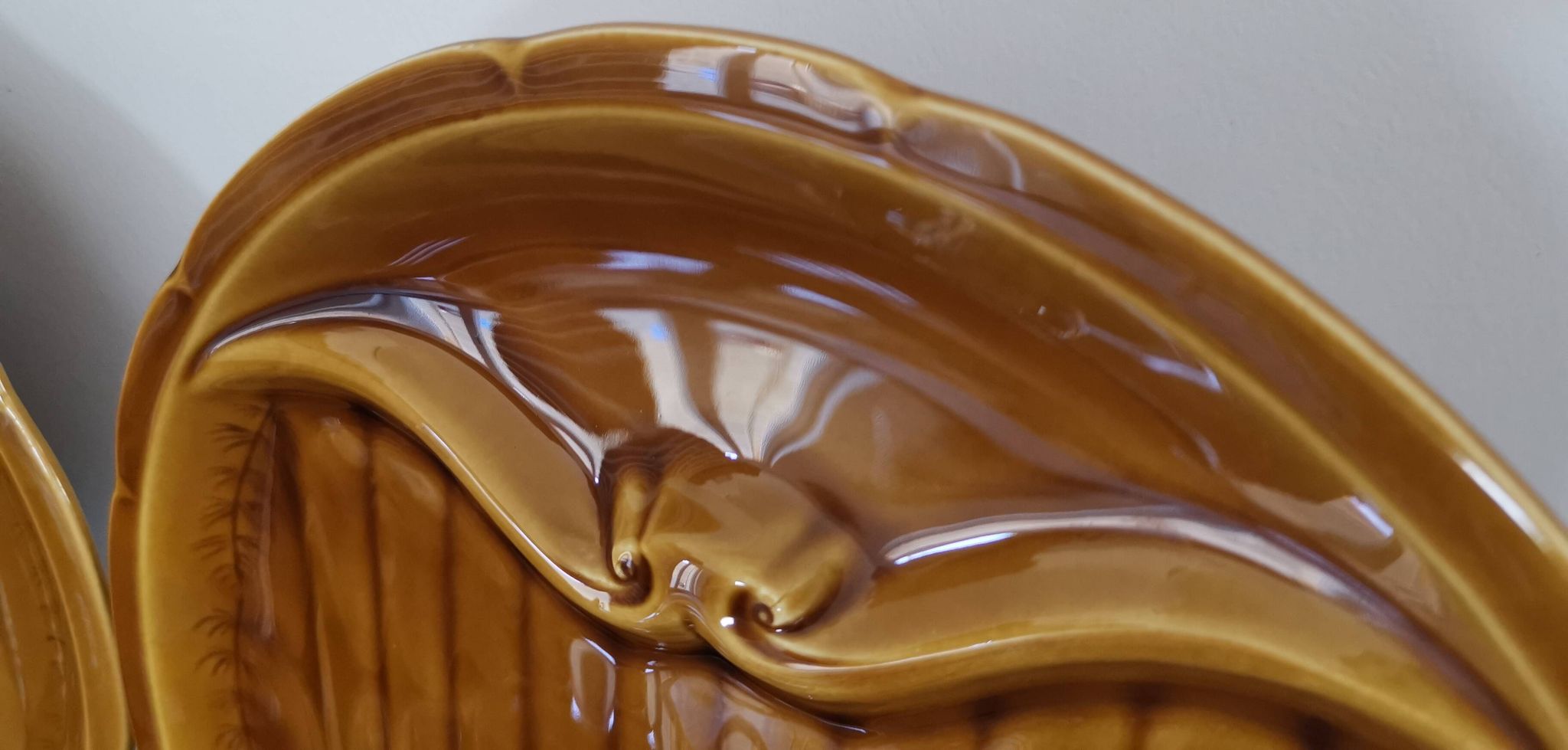 8 vintage Gien France asparagus plates in glazed brown slip