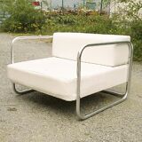 Chrome-designed chair and faux white leather 1970