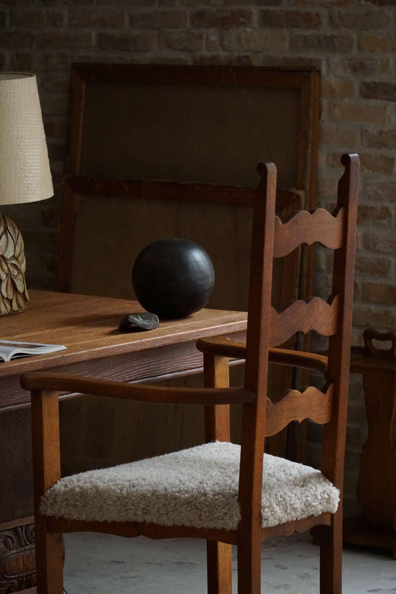 Classic Oak Armchair with Lambswool Upholstery, Mid-Century Danish, 1950s
