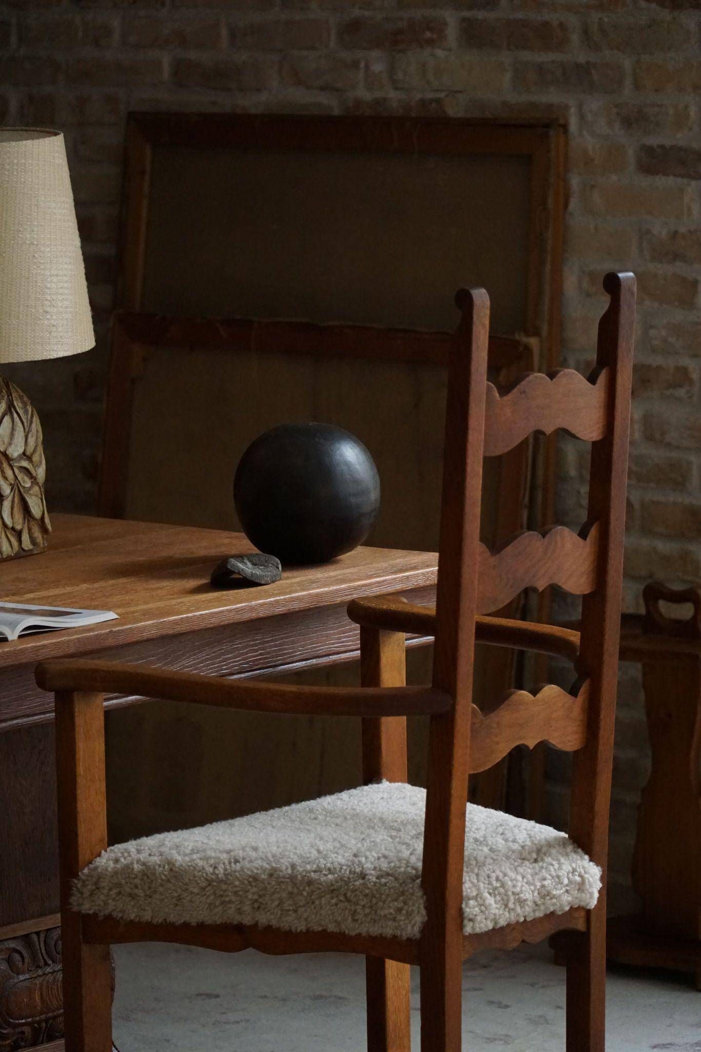 Classic Oak Armchair with Lambswool Upholstery, Mid-Century Danish, 1950s