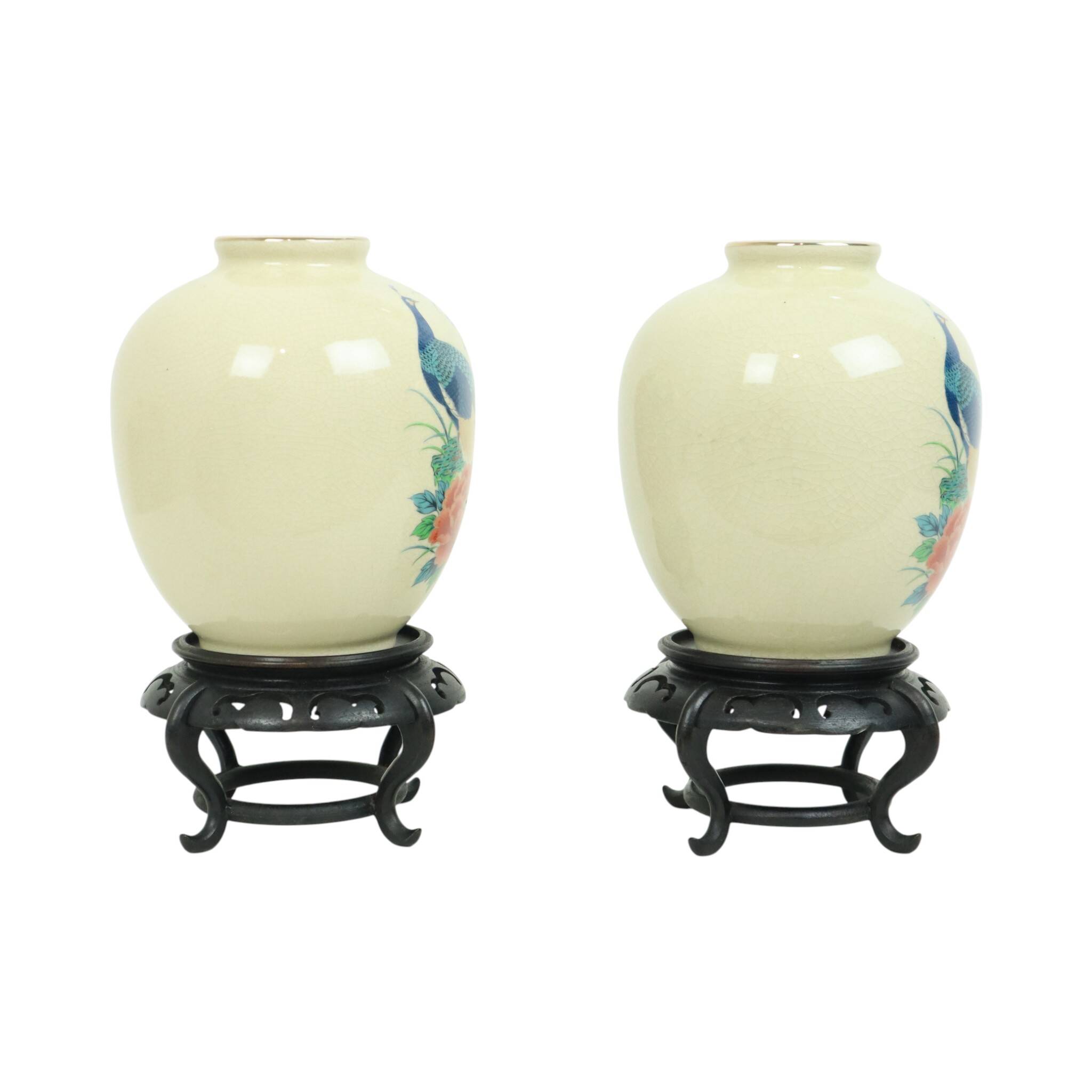 Pair of Japanese Vases Peacocks Flowers Crackle Ceramic 26cm