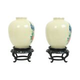 Pair of Japanese Vases Peacocks Flowers Crackle Ceramic 26cm