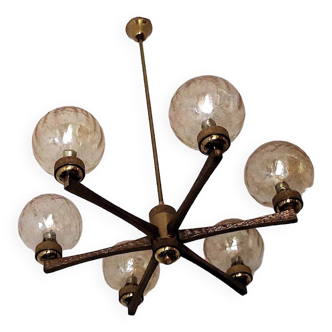 Angelo Brotto for Esperia gold-plated brass chandelier with 6 crackle-glass globes, Italy 1960s