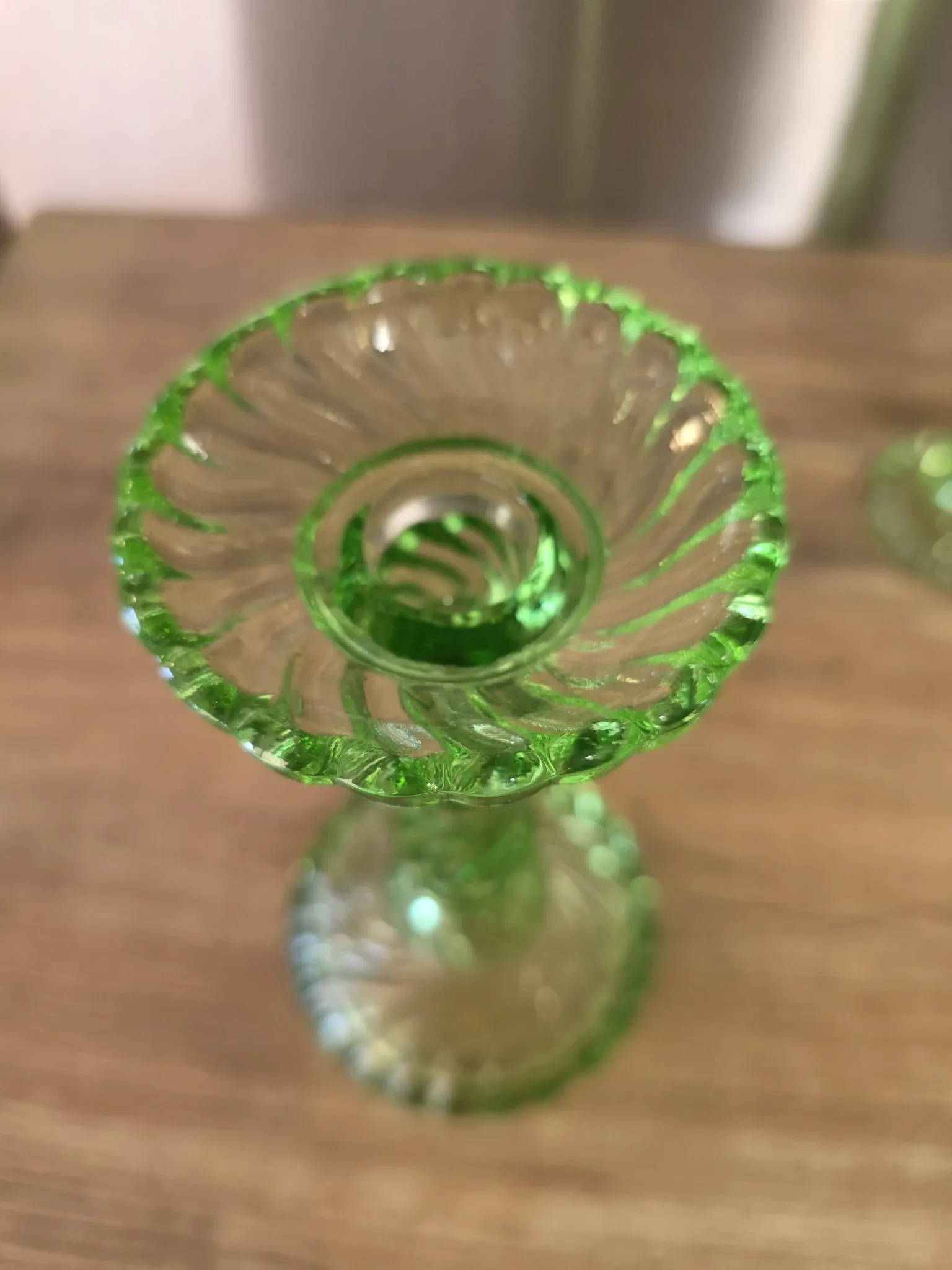 Pair of large Art Deco candlesticks / candle holders in moulded pressed glass.