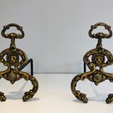Chenets, cheminée, bronze, fer forgé, style néoclassique, lions