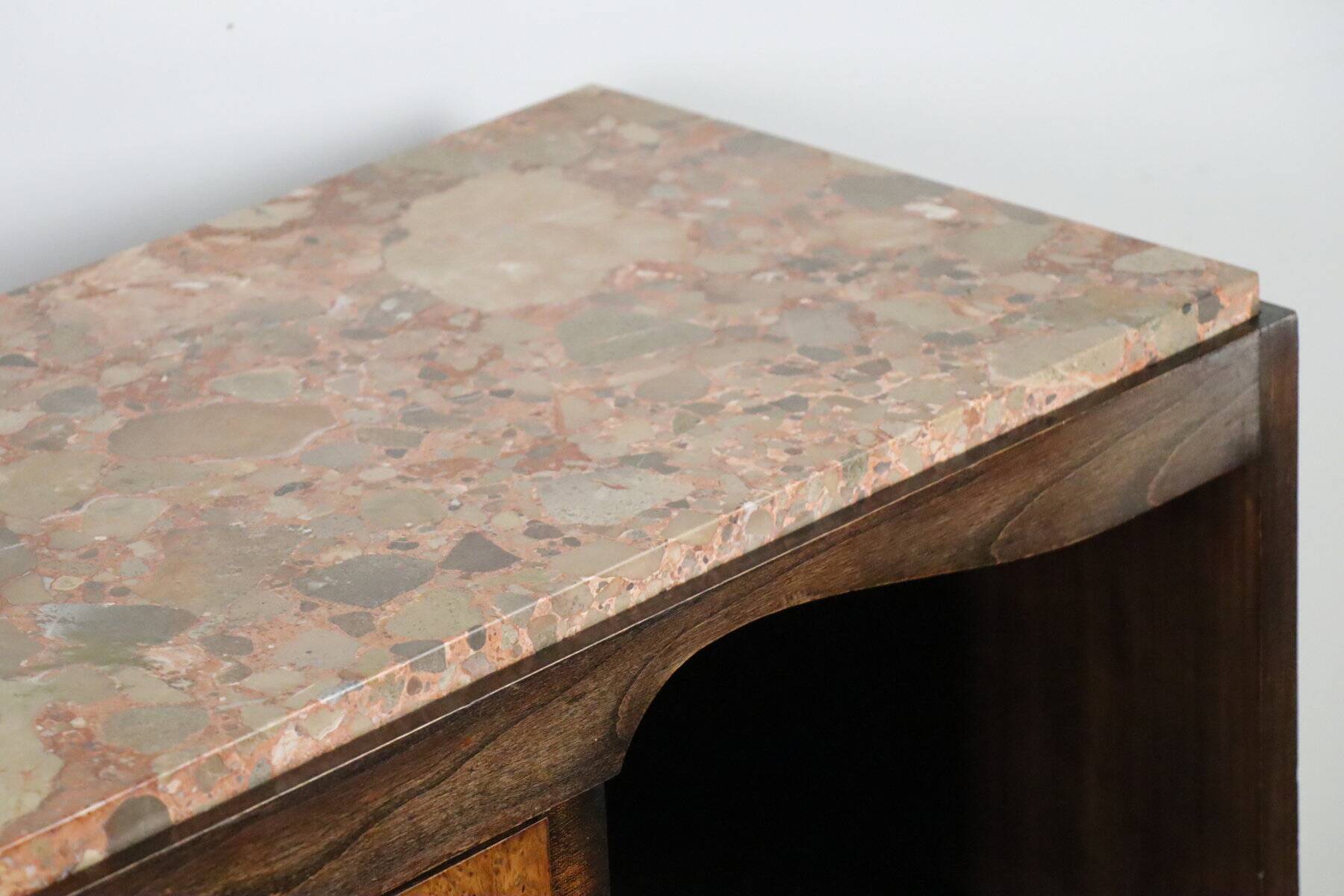 Vintage wooden and marble console table – classic style curved legs, 1950s