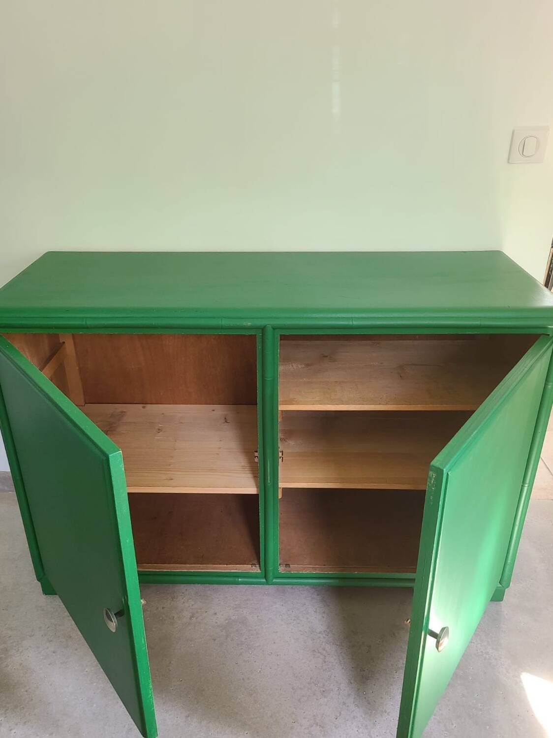 Old sideboard buffet Green wood and bamboo vintage storage unit