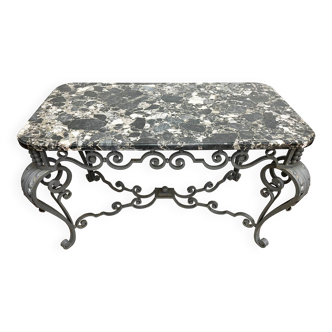 Table de milieu art deco en fer forgé dessus marbre