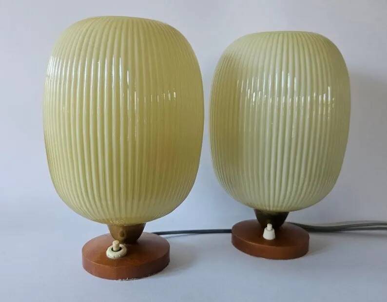 Rare Pair of Table Lamps, Glass and Wood, 1960s