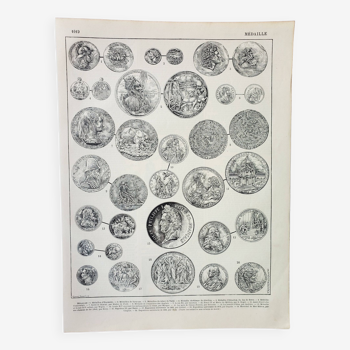Gravure ancienne 1898, Médaille, pièce, collection • Lithographie, Planche originale