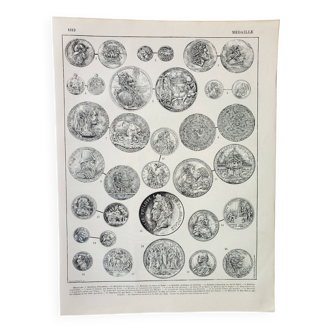 Old engraving 1898, Medal, coin, collection • Lithograph, Original plate