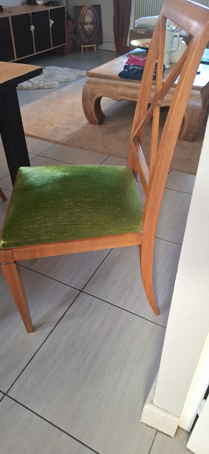 6 Chaises bois assise velours vert