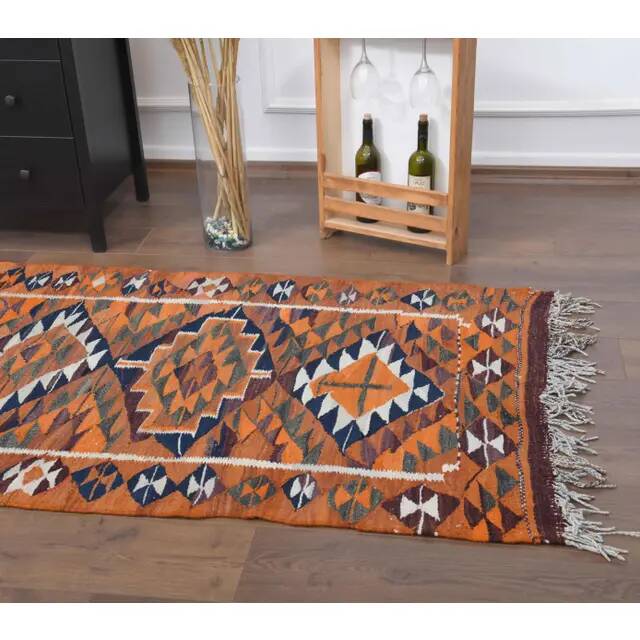 1970s Vintage Turkish Hand-Knotted Wool Cotton Orange Runner Rug 104x338