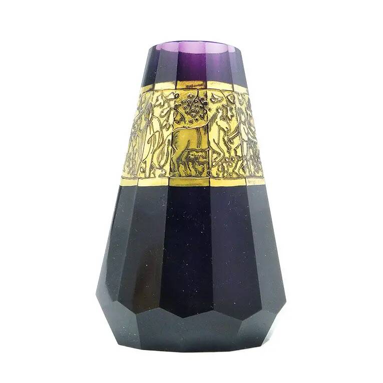 Art Deco vase, amethyst glass, gilded oroplastic, Moser, Czechoslovakia, 1930s