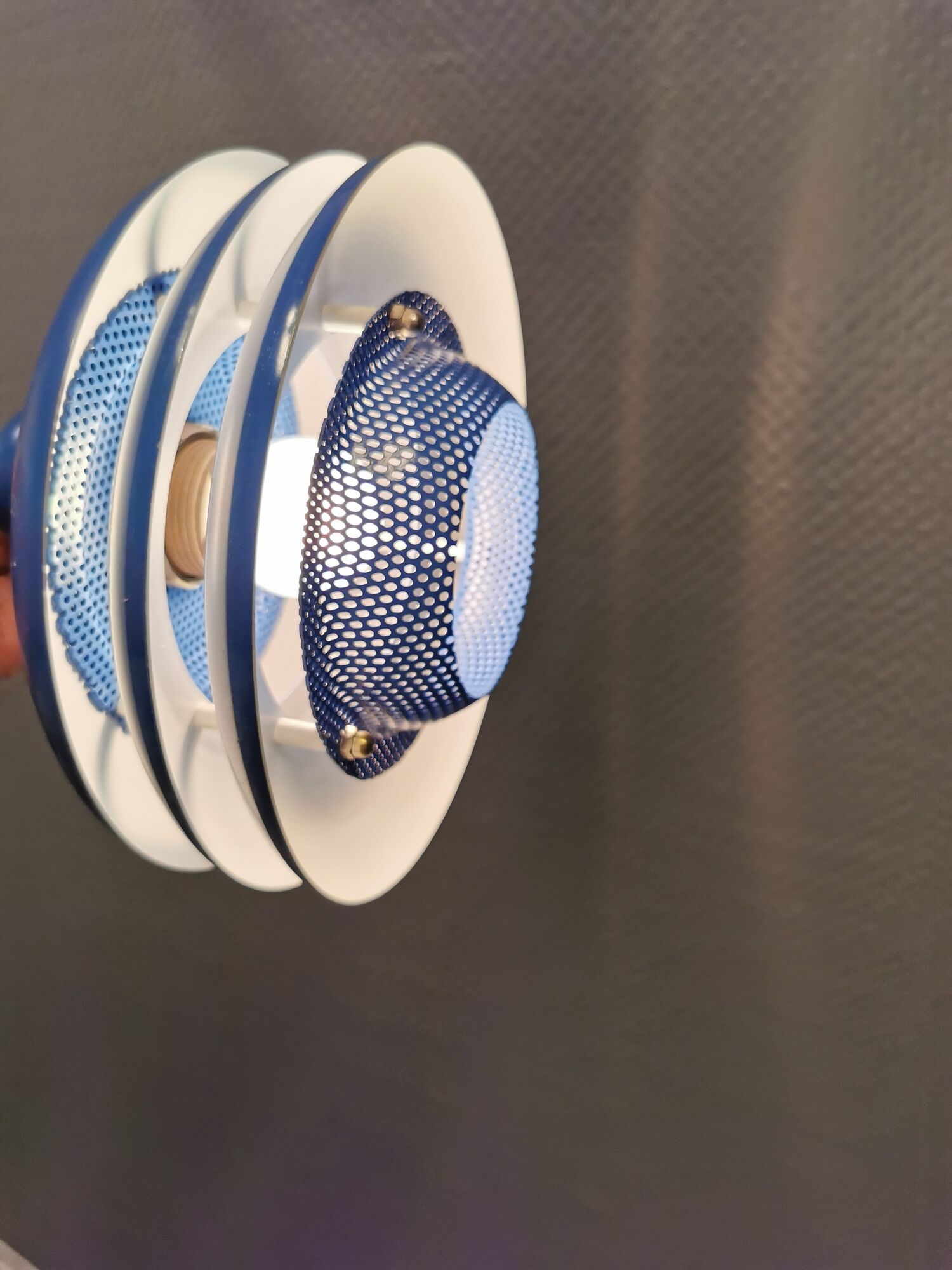 Blue lacquered metal lamp, with several layers of shades, Danish from the 80s.