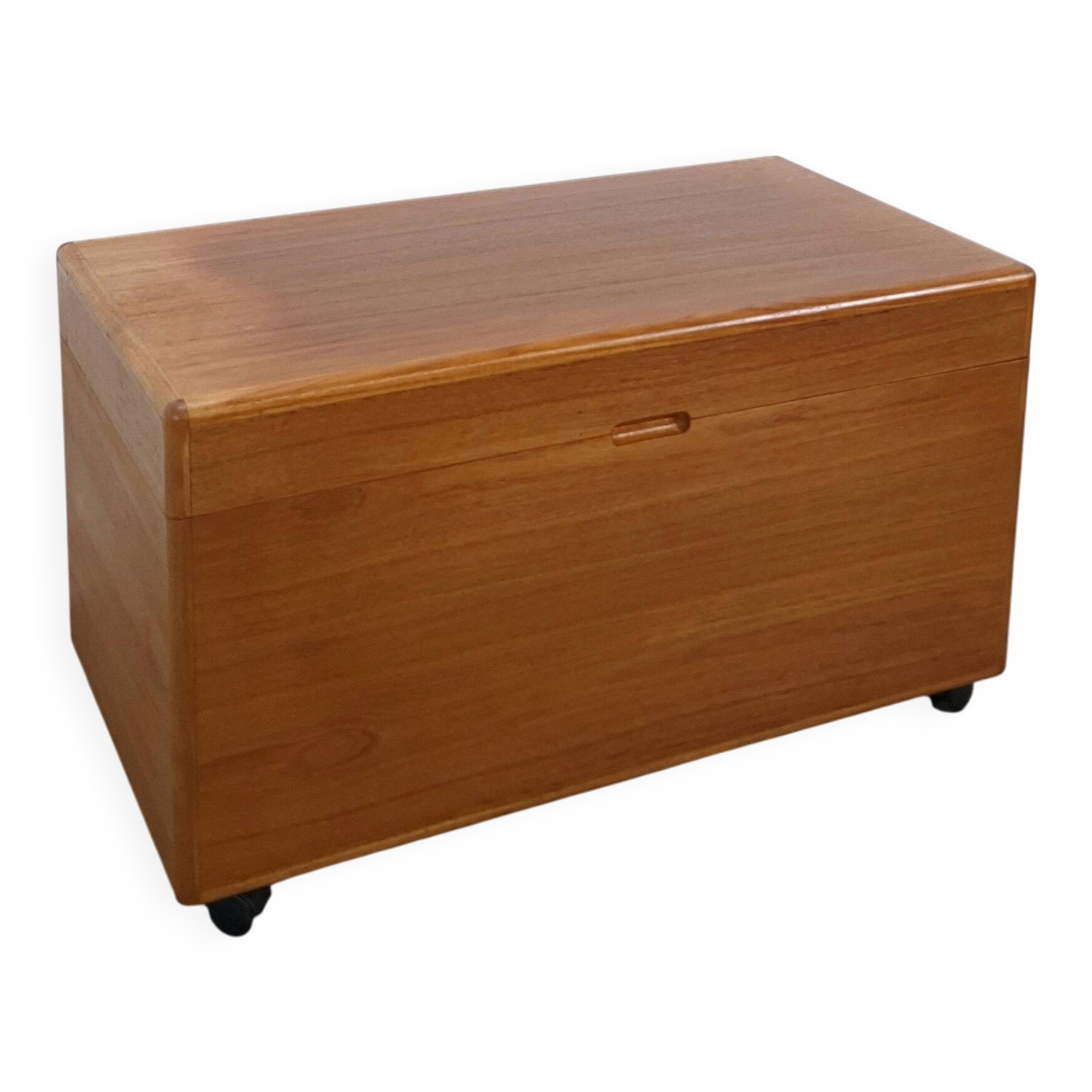 Vintage teak Danish chest with a lid on wheels, toy chest.