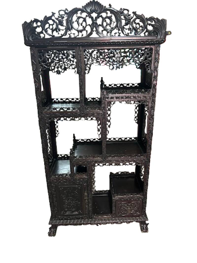 Richly carved antique Chinese display shelf – 19th century