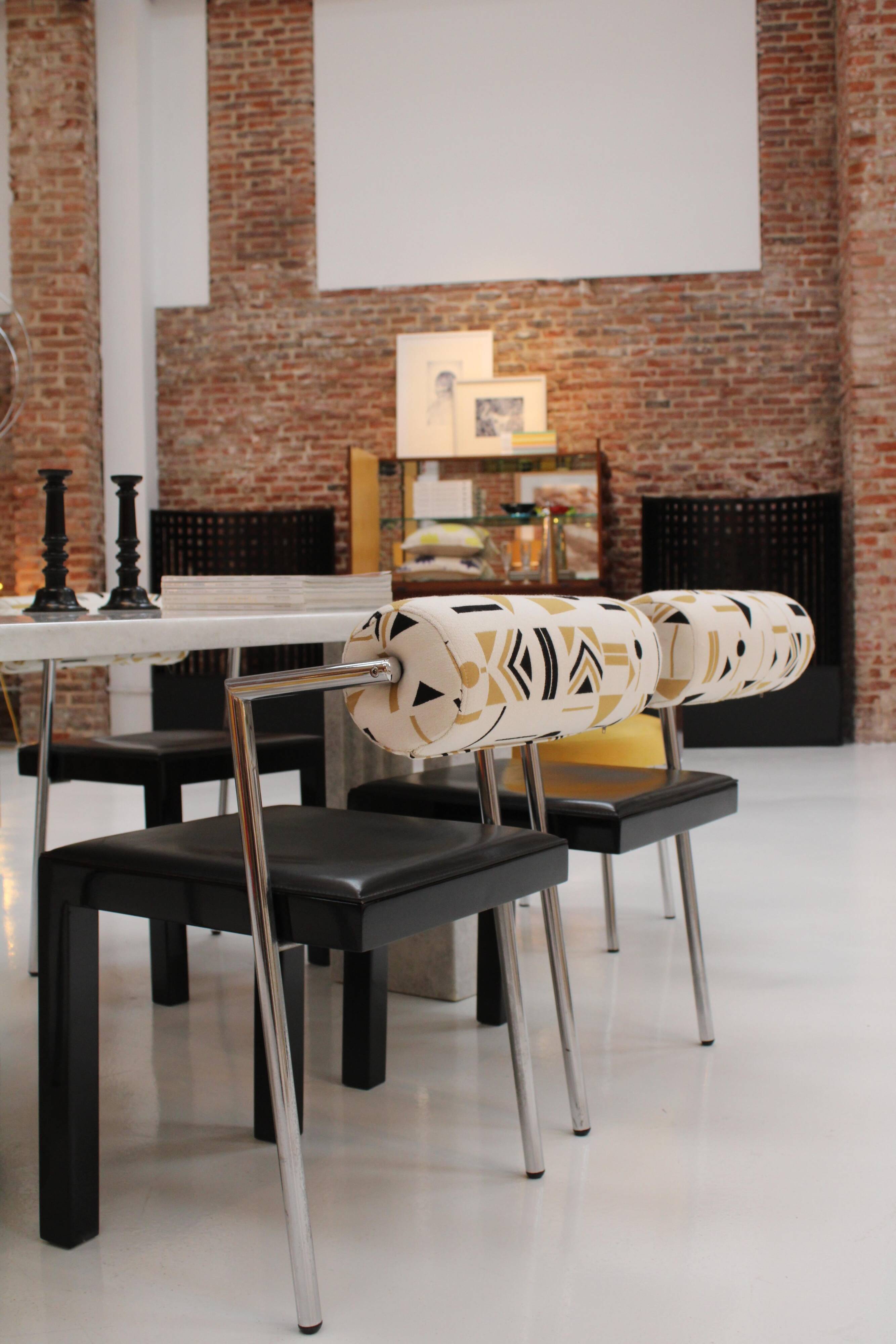 Set of Four Italian Chairs Edited by Saporiti. Jacquard Back and Leather Seat