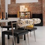 Set of Four Italian Chairs Edited by Saporiti. Jacquard Back and Leather Seat