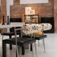 Set of Four Italian Chairs Edited by Saporiti. Jacquard Back and Leather Seat