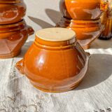 6 vintage ceramic lion head onion soup bowls in the Emile Henry style - honey and black, made in France - traditional elegance