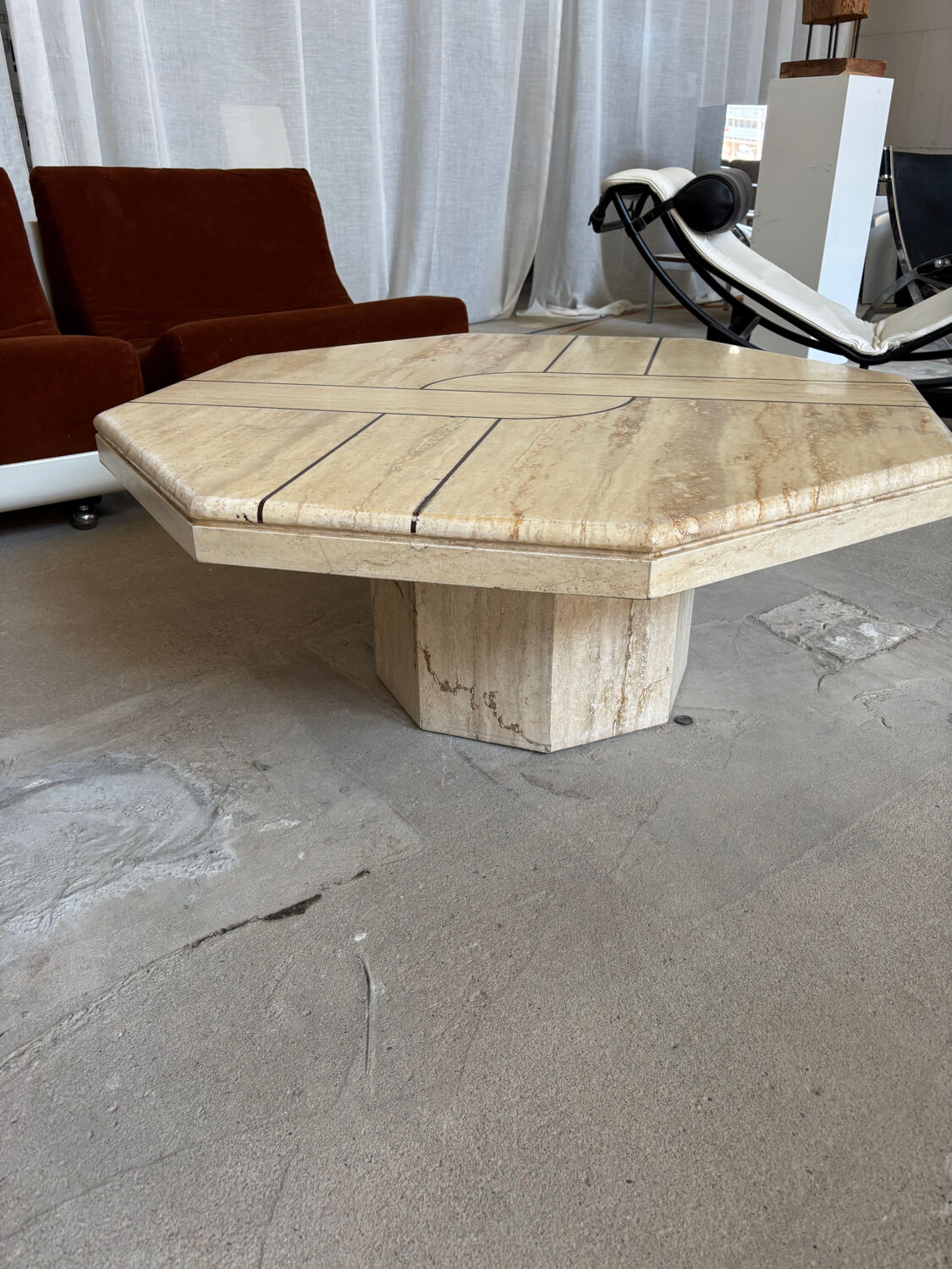 Vintage Octagonal Travertine Coffee Table with Geometric Pattern, 1970
