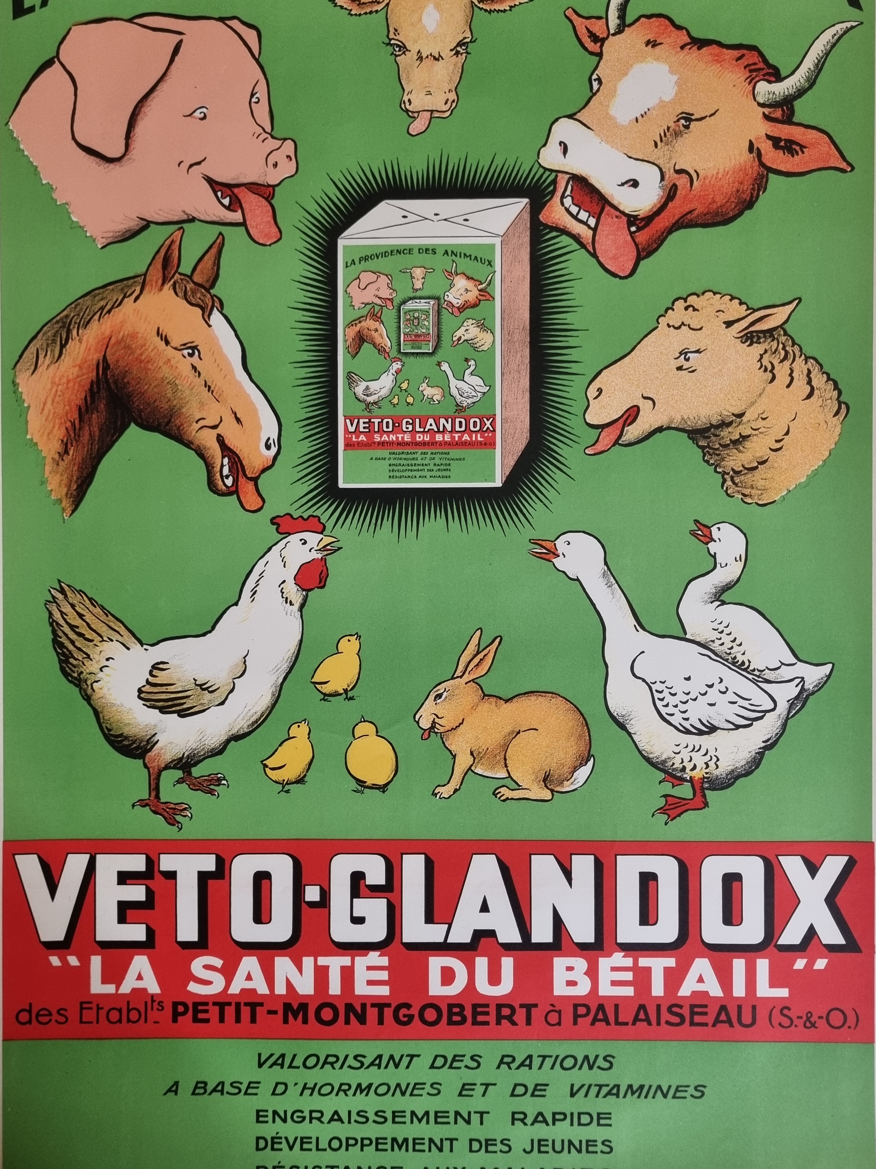 Affiche publicitaire "Véto-Glandox", la providence des animaux, la Santé du bétail, années 40