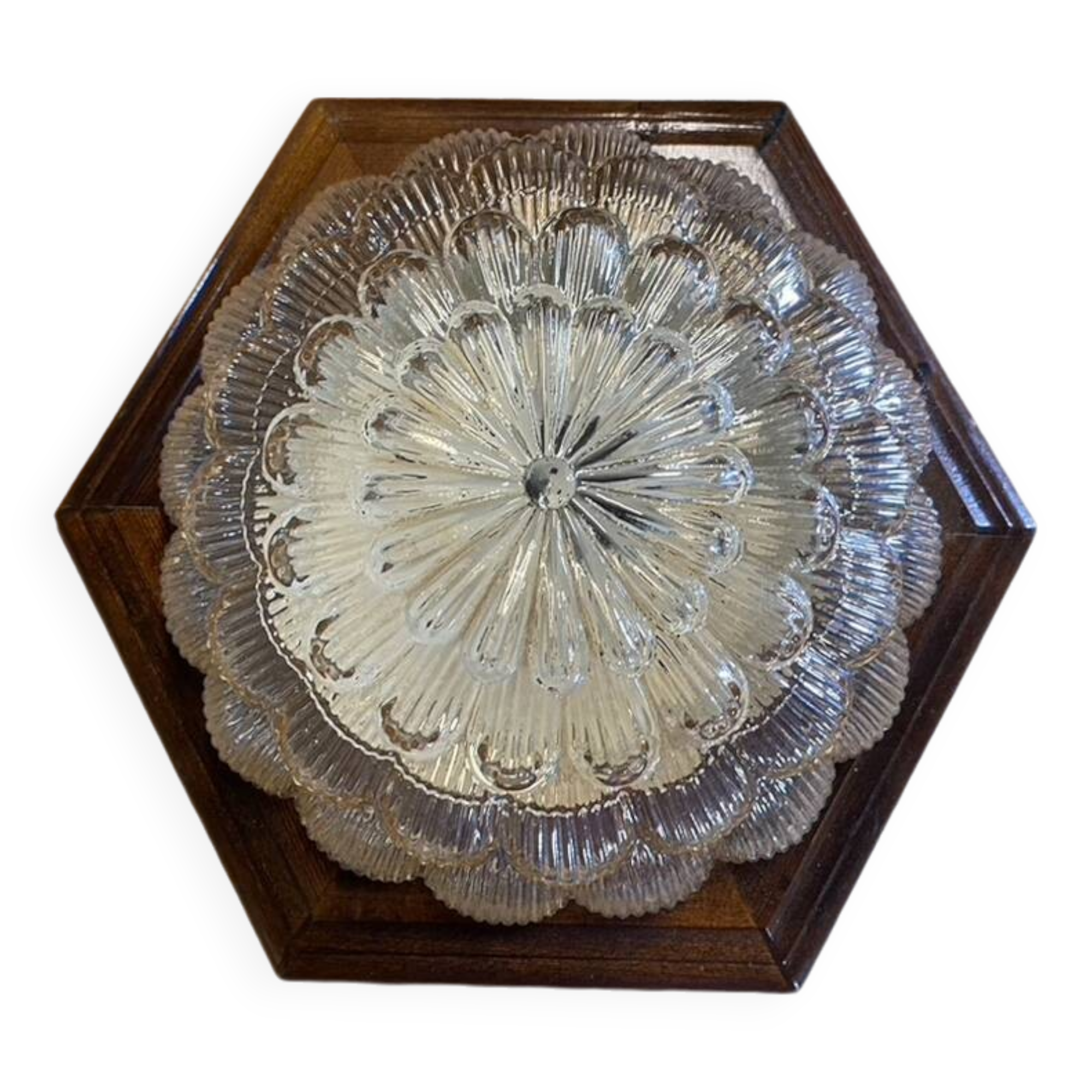 Ceiling light in molded glass and wooden surround, Massive Leuchten, Germany, vintage, 80s