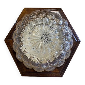Ceiling light in molded glass and wooden surround, Massive Leuchten, Germany, vintage, 80s