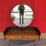Scandinavian teak dressing table with a large round mirror.