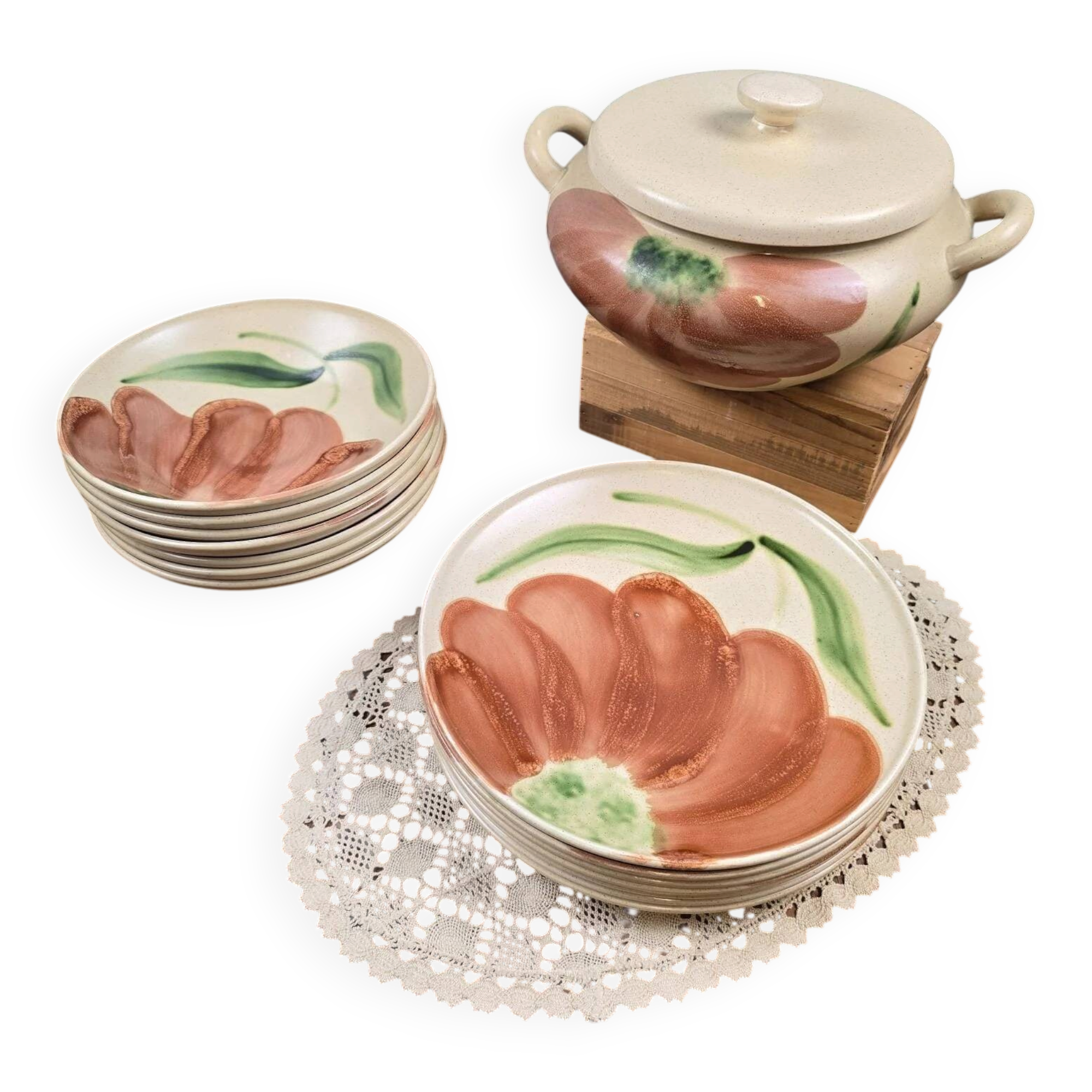 Vintage Salins Rhône service 15 pieces – Large hand-painted flowers