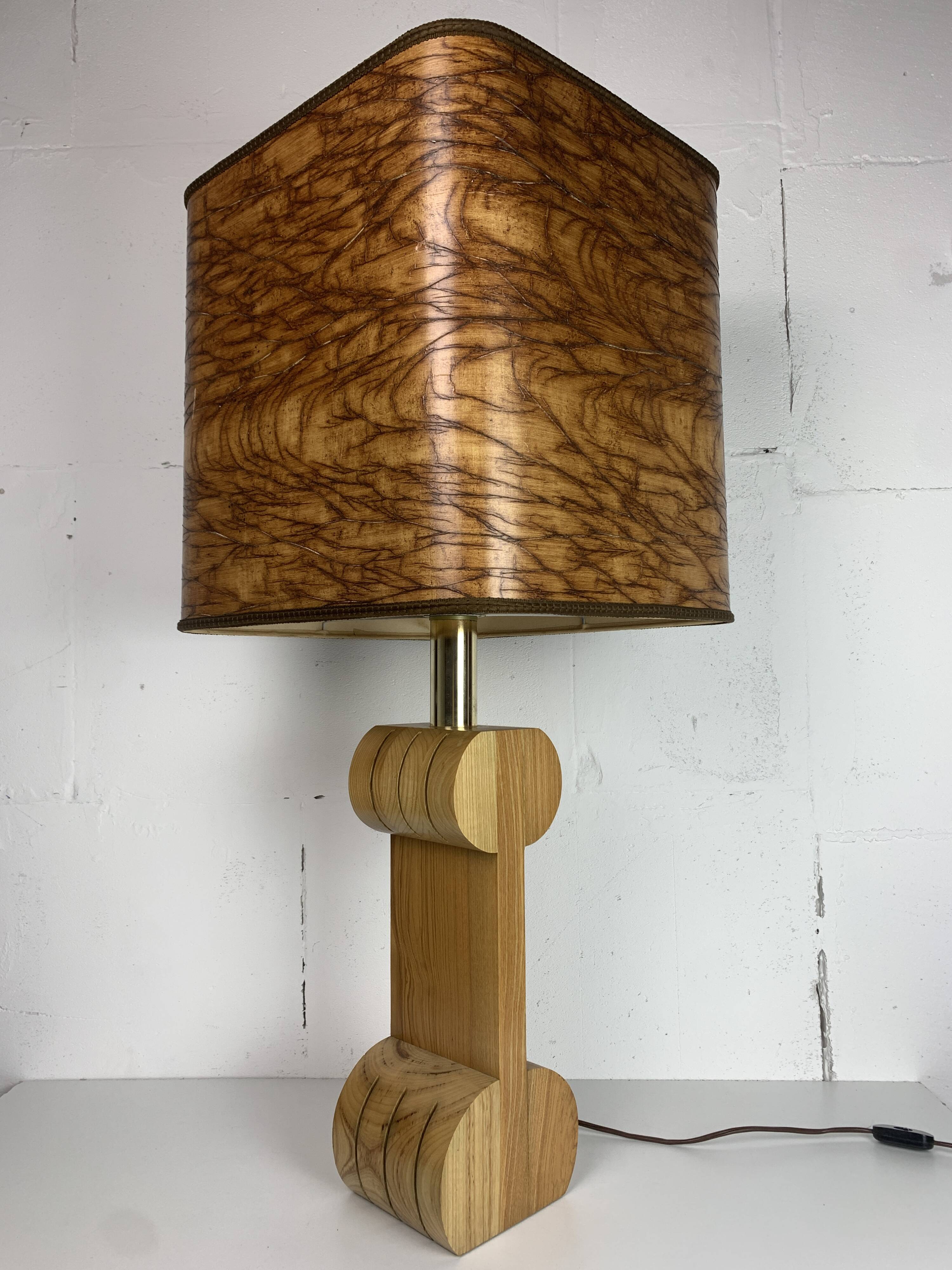 Midcentury Italian sculptural large table lamp with wood veneer shade