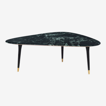Table basse plateau marbre vert pieds laque noire et laiton