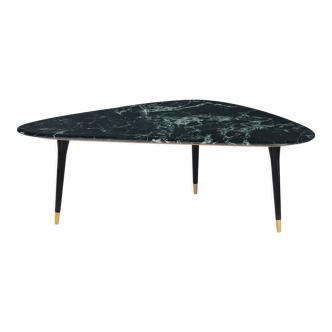 Table basse plateau marbre vert pieds laque noire et laiton