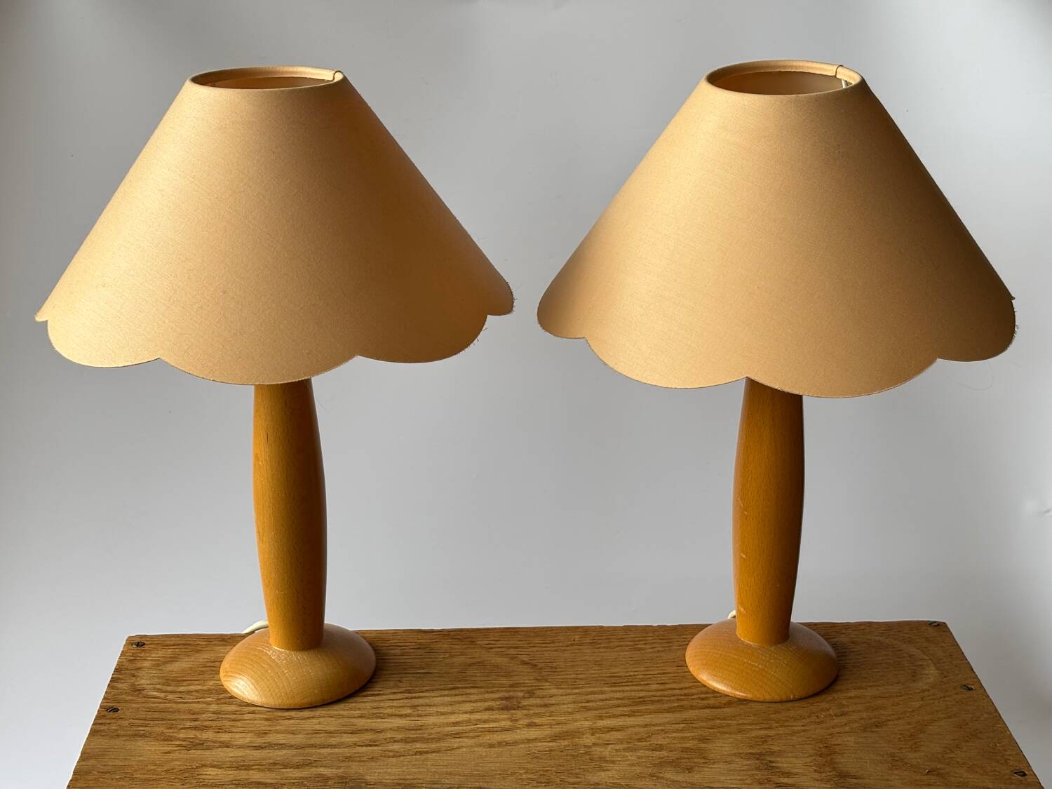 2 vintage wooden and fabric bedside lamps