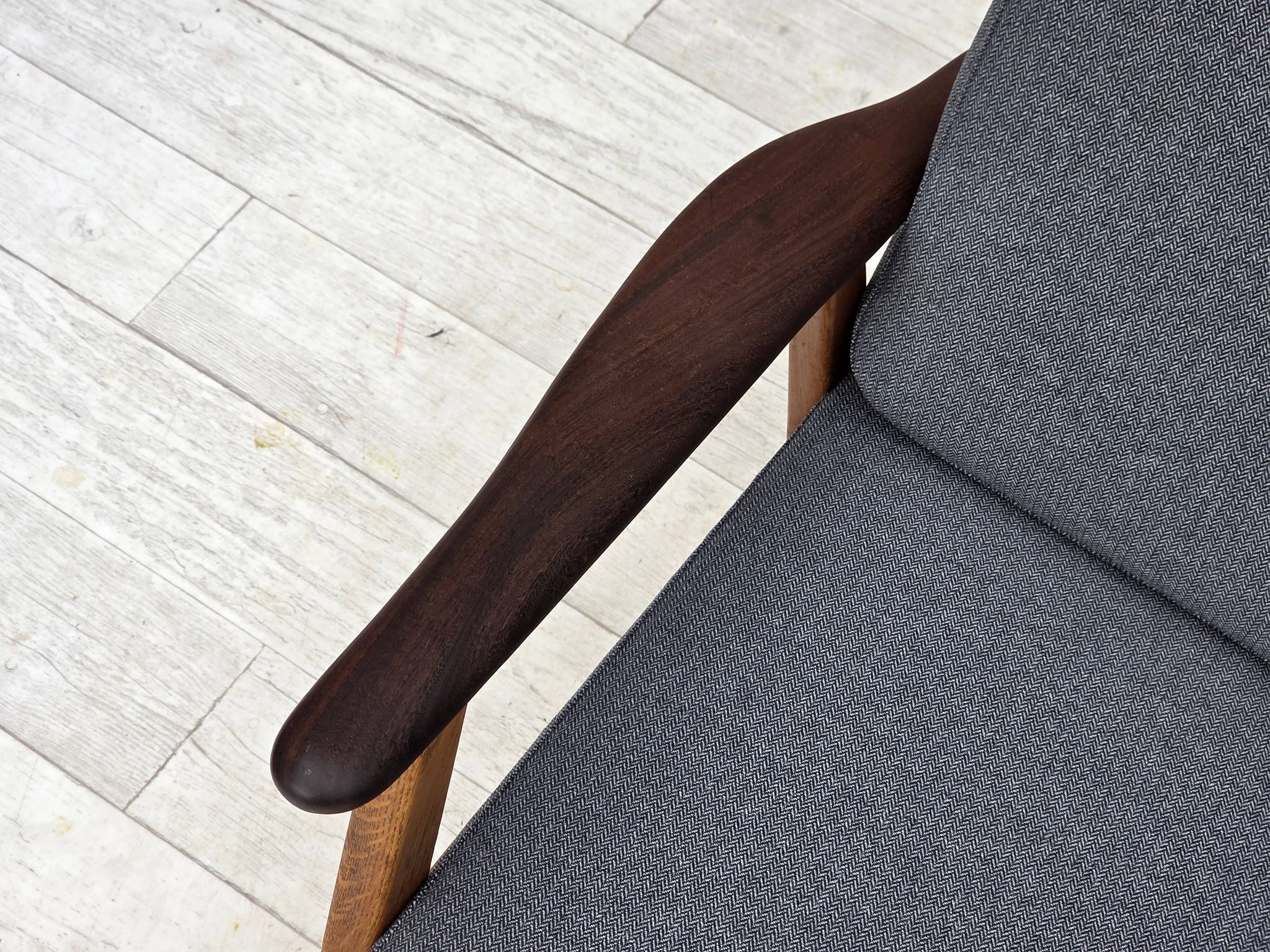1970s, pair of Danish armchairs, reupholstered, furniture wool, teak, oak.