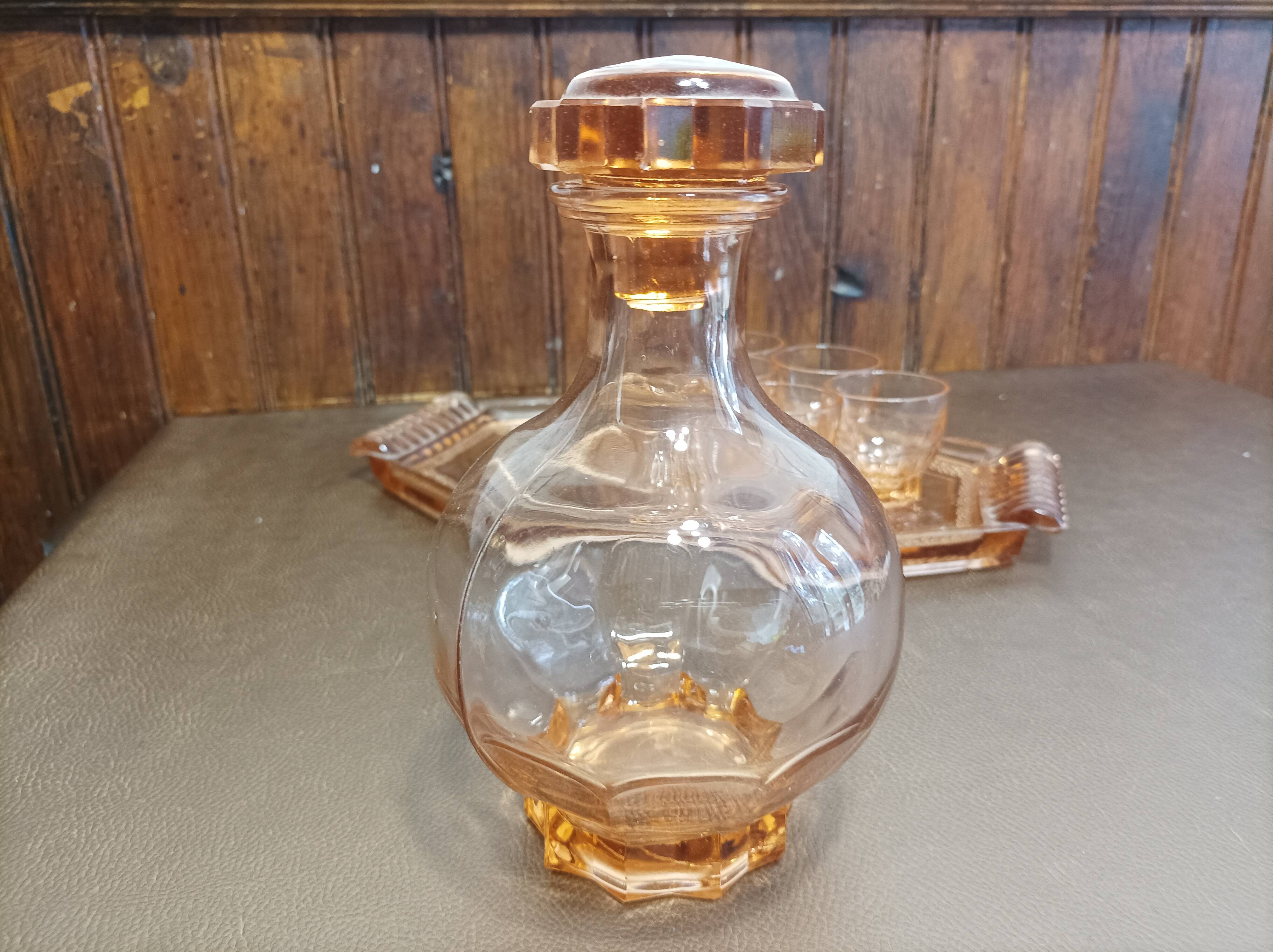 Aperitif set carafe tray and 6 glasses - thick pink glass - art deco