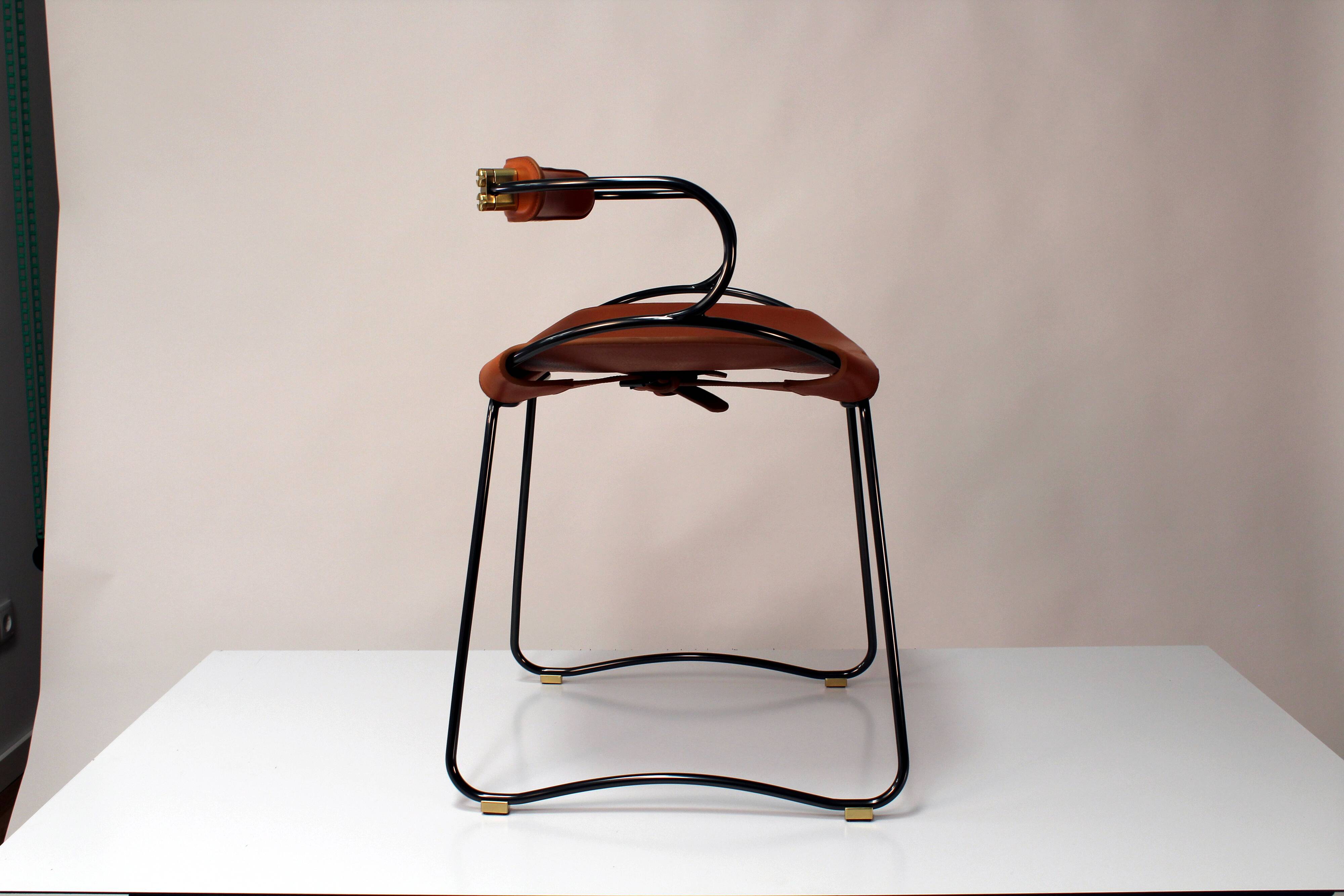 Stool height chair / table c. Backrest Aged Silver Steel and Navy Blue Leather