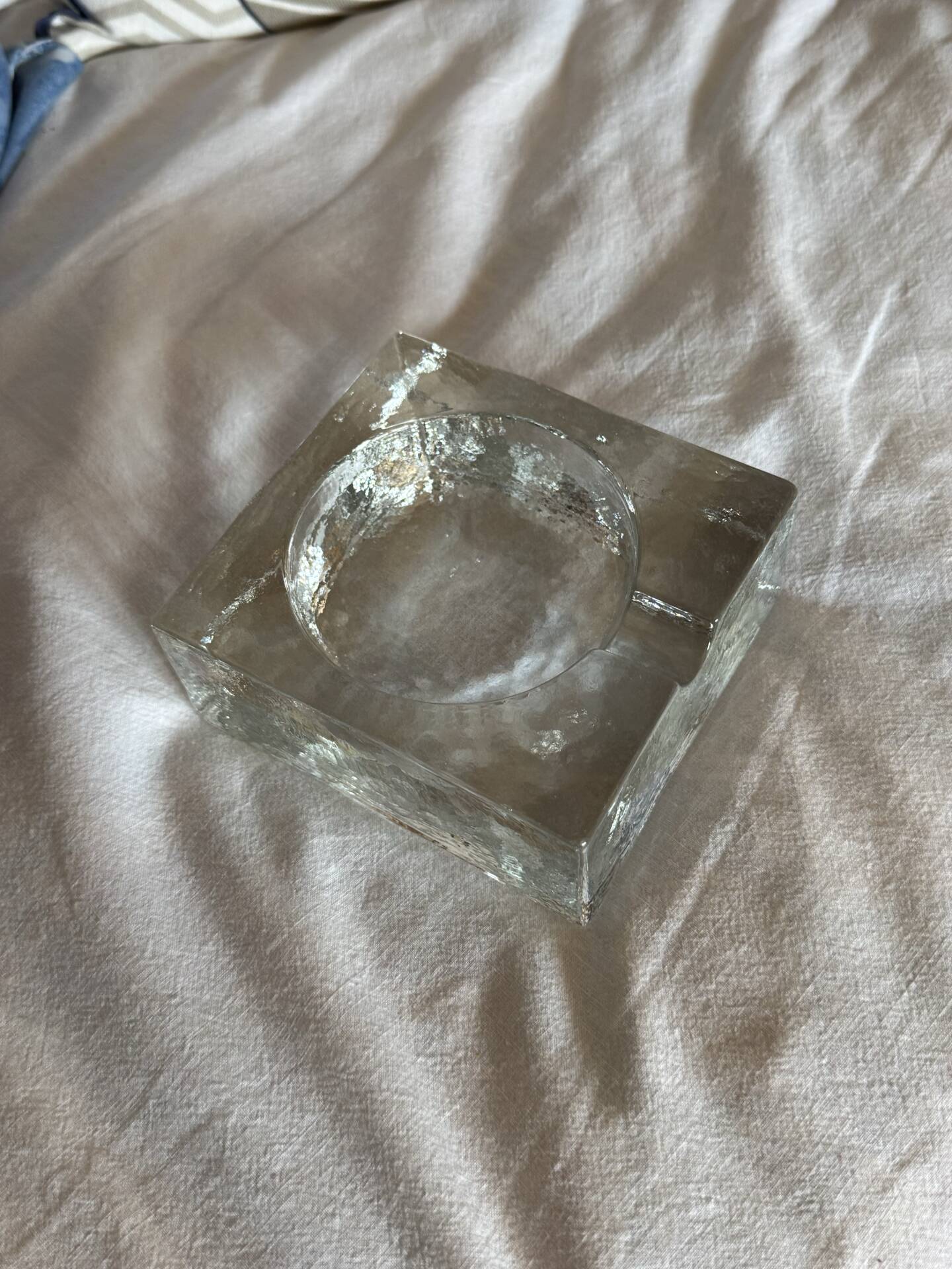 Scandinavian brutalist glass ashtray, minimalist design, 70s
