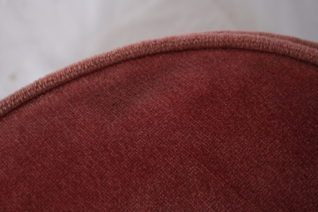 Ottoman, pink velvet footrest with napoleon fringe